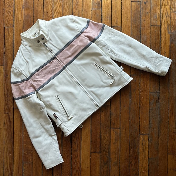 VTG 1990s Hot Leathers Motorcycle CAFE RACER Jacket XL White Pink RACING Stripe‎